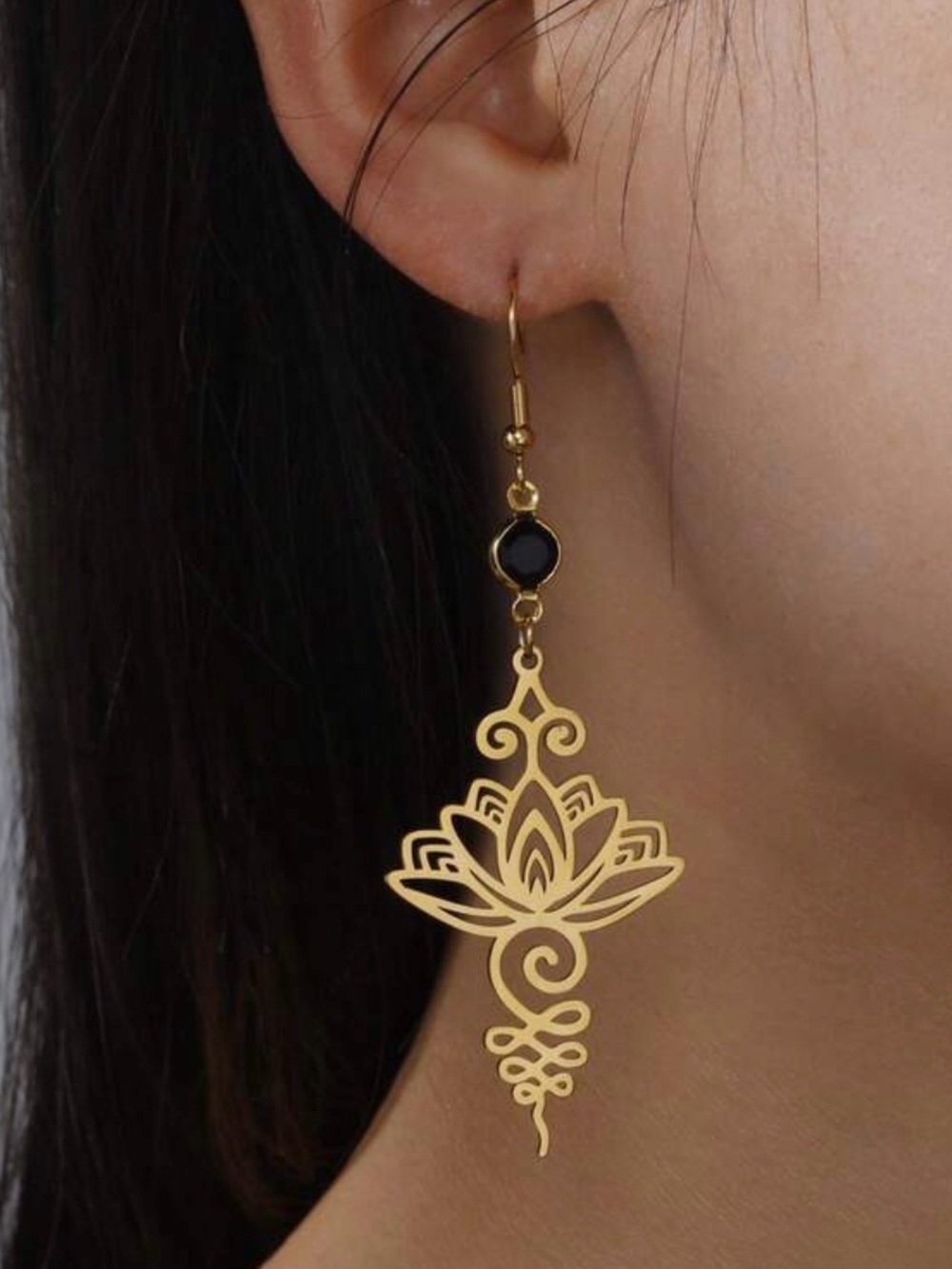 Gold Lotus Drop Earrings with Black Accent - Women Jewelry